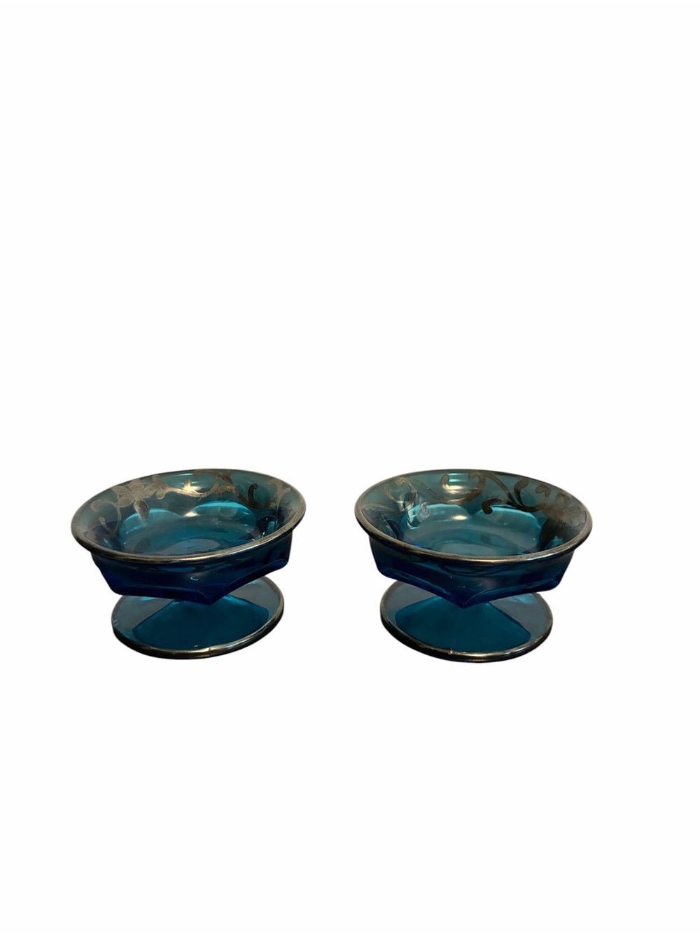 Northwood Carnival Glass Cobalt Blue Small Pedestal Bowls Vintage Silver Overlay